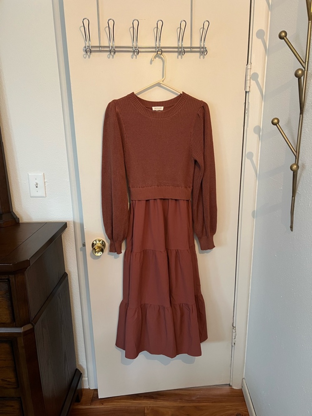Roolee Earthy Mauve Tiered Knit-Paneled Dress